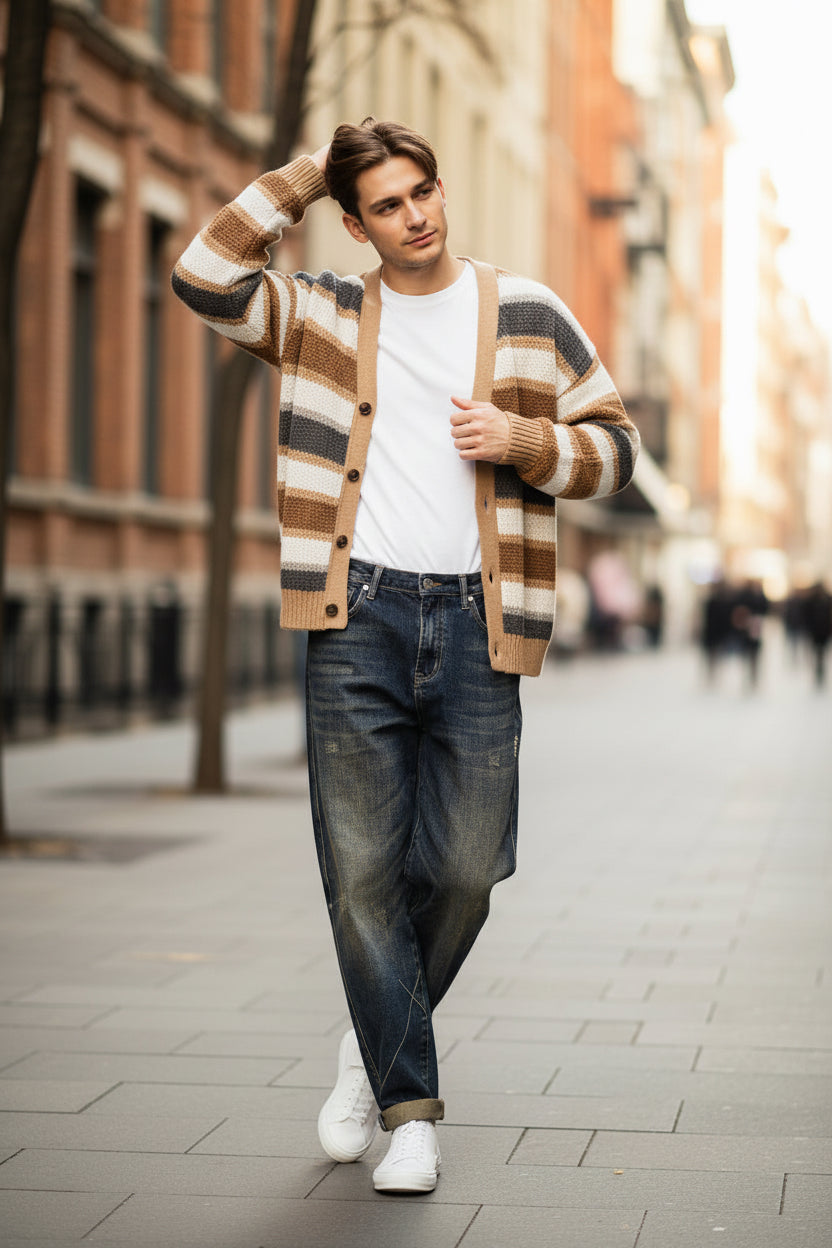 Vaqueros de mezclilla holgados de talla grande y pierna ancha retro para hombre