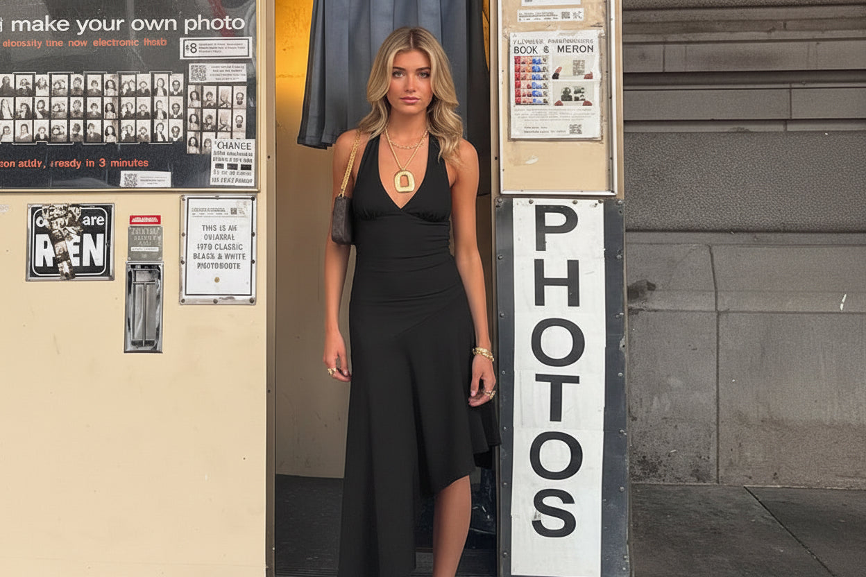 Vestido sin espalda largo asimétrico con escote