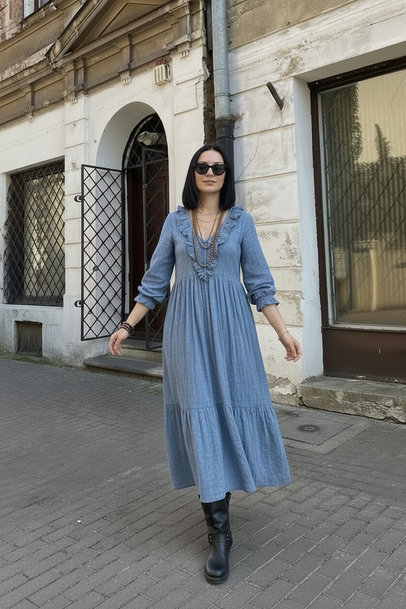 Vestido holgado de cintura alta con cuello en V y volantes a rayas