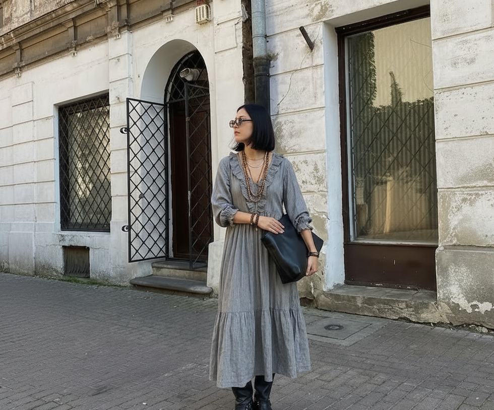 Vestido holgado de cintura alta con cuello en V y volantes a rayas
