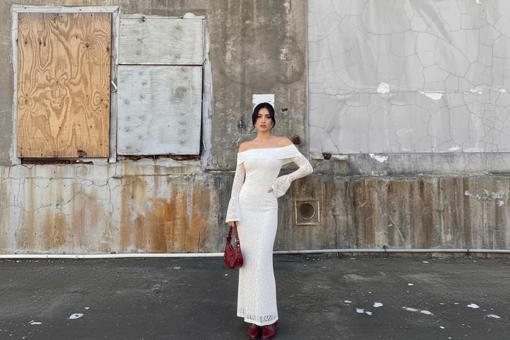 Vestido de manga larga de encaje largo