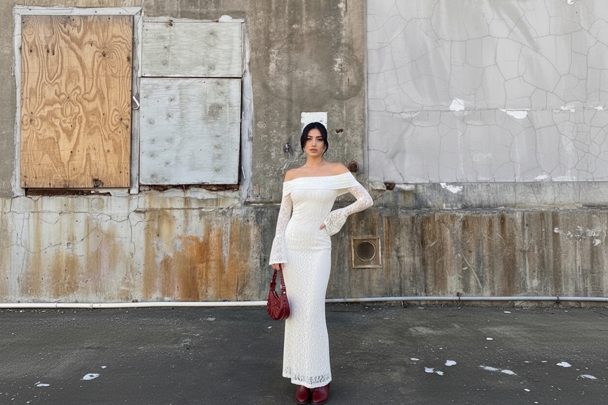 Vestido de manga larga de encaje largo