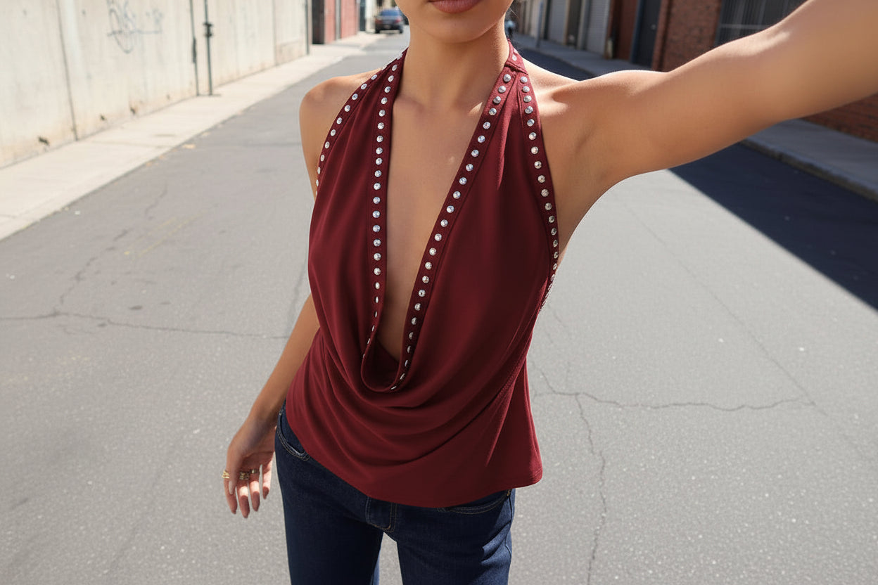 Top de color sólido con tachuelas