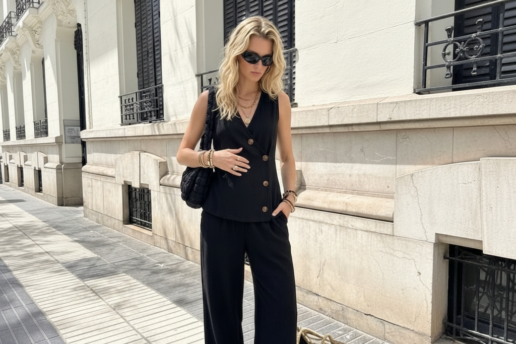 Conjunto de pantalones de cárdigan con botones