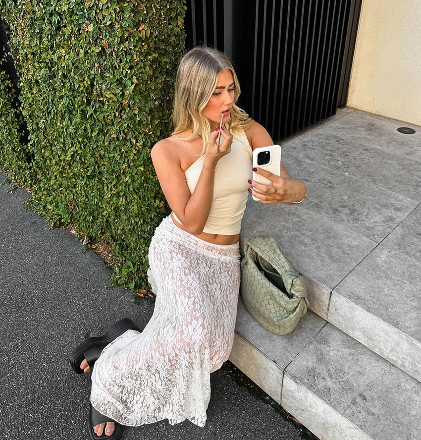 Vestido largo de encaje transparente con falda midi de cuello elástico