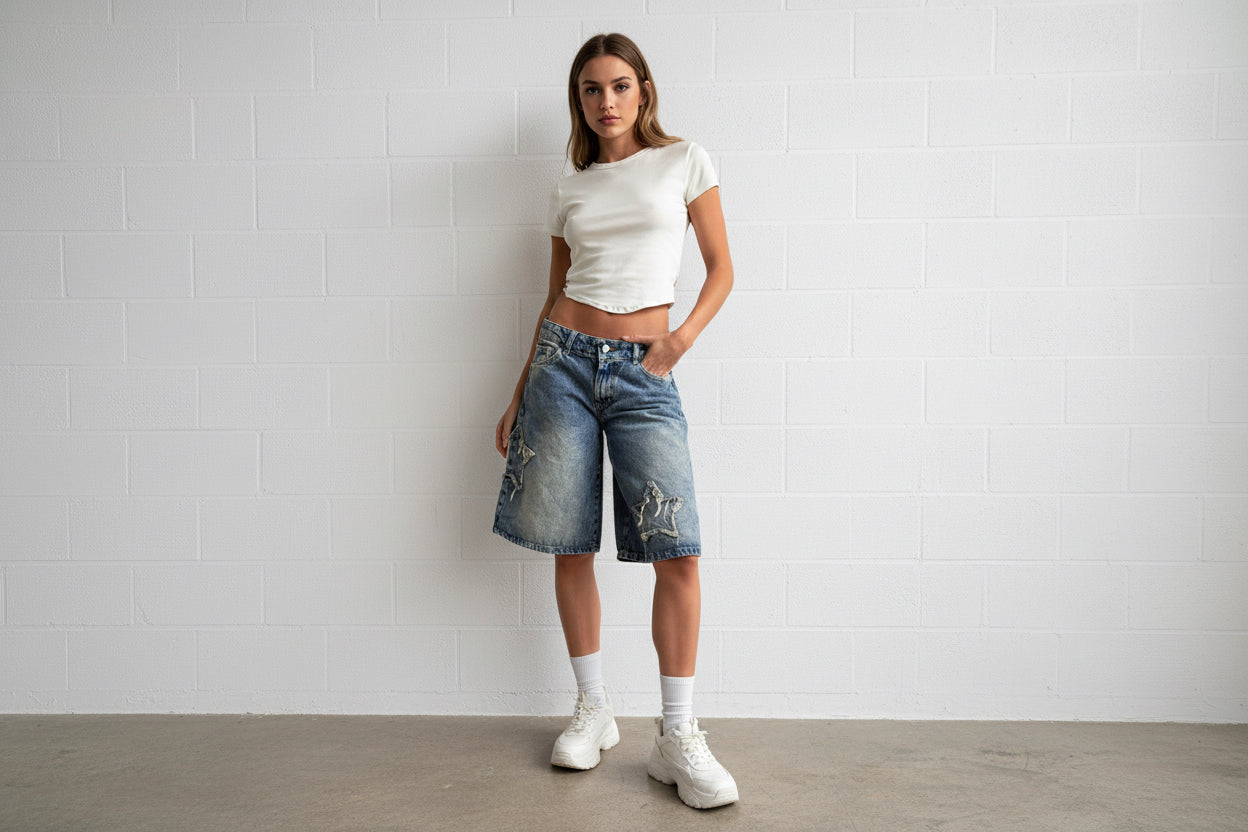 Pantalones cortos de mezclilla casuales para mujer con parches de estrellas