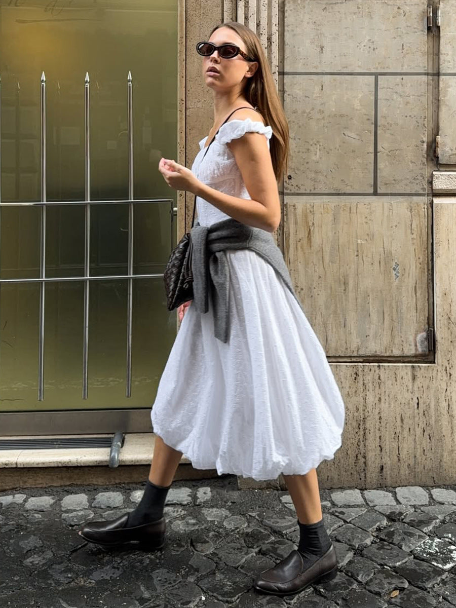 Vestido elegante jacquard con hombros descubiertos